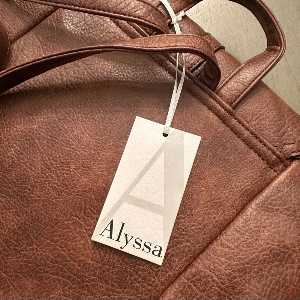 ALYSSA Faux Vegan Leather Whipstitch Brown Backpack New - Picture 13 of 13